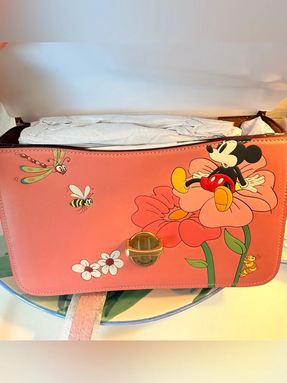 Coach Coral Pink Mickey Mouse Floral Crossbody Bag NWOT - Picture 8 of 9